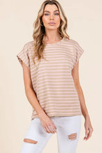 Striped Muscle Sleeve Top in Beige Pink and White for Women