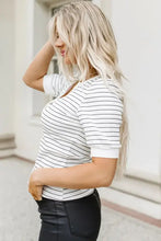 Striped notched short sleeve T-shirt in white and black stripes