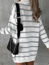 Black chain-strap crossbody bag on Striped O-ring Zip Collared Loose Sweater Mini Dress