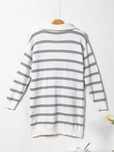 Striped O-ring zip collared loose sweater mini dress with white gray stripes