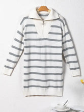 Striped O-ring zip collared loose white gray sweater mini dress
