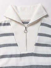 Cozy white gray striped half-zip sweater dress with ribbed collar O-ring zipper
