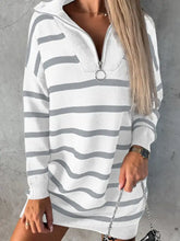 White and gray striped O-ring zip collared loose sweater mini dress