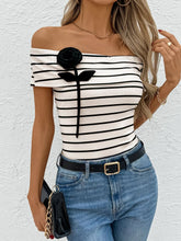 Striped Off Shoulder Top with Black Rose Detail White