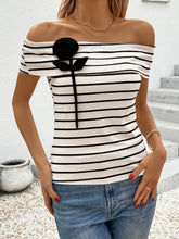Striped Off Shoulder Top with Black Rose Detail