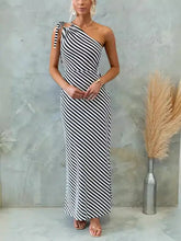 Striped one shoulder asymmetrical maxi dress in black and white