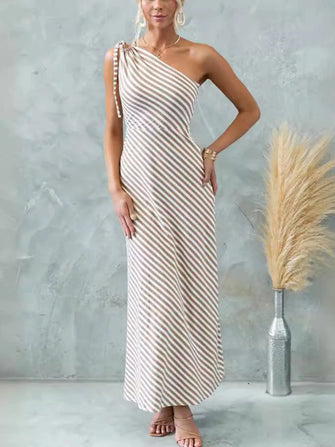 Striped One Shoulder Asymmetrical Maxi Dress Brown