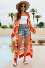 Striped Open Front Side Slit Duster Cover Up Swimwear Cover-Ups