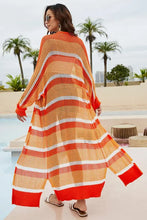 Orange and white striped open-knit longline slit duster cover up