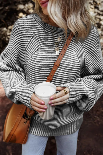Striped Oversized Knit Sweater for Women 100 Percent Polyester Black
