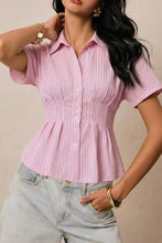 Pink striped short-sleeve button-up blouse with peplum hem and gathered waist for casual wear