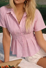 Striped peplum button up shirt with pink and white vertical stripes and short sleeves for casual wear
