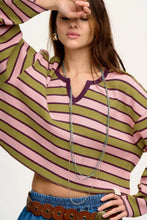 Striped Pink and Green Cropped Waffle Knit Sweater for Women