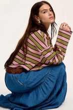 Striped Pink and Green Cropped Waffle Knit Sweater for Women