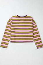 Striped Pink and Green Cropped Waffle Knit Sweater for Women Woman T Shirts