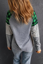 Striped plaid round neck long sleeve T-shirt with gray body, plaid shoulders, striped sleeves
