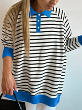 Black and white striped long sleeve sweatshirt with bright blue collar cuffs hem slightly stretchy machine wash cold
