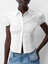 White fitted shirt with striped puff sleeve design, tailored fit, and subtle waist pleats ideal for formal wear