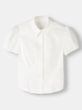 A crisp white fitted shirt with classic collar and subtle puff sleeves featuring a striped puff sleeve design