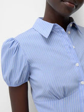 Light blue and white vertically striped cotton fitted shirt with puff sleeve fitted design and short puffed sleeves