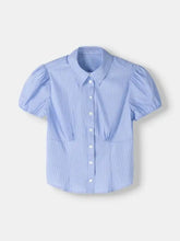 Light blue and white vertically striped puff sleeve fitted shirt with short sleeves and button-down front