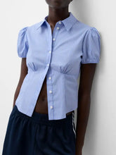 Light blue and white vertically striped puff sleeve fitted shirt with short sleeves and button-up front