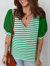 Striped puff sleeve v neck blouse in green and white cotton with puffy sleeves for casual or office wear