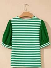 Green and white striped puff sleeve v neck blouse with short puffed sleeves in soft fabric for stylish casual wear