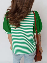 Striped puff sleeve v neck blouse in green and white horizontal stripes with short puffed sleeves for casual wear
