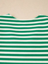 Green and white horizontally striped knit top with rounded neckline featuring a striped puff sleeve v neck design