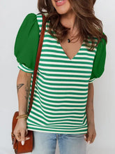 Striped puff sleeve v neck blouse in green and white horizontal stripes with puffy short sleeves for casual wear