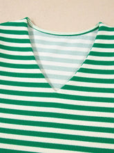 Green and white striped puff sleeve v neck blouse with subtle textured knit fabric for stylish casual wear