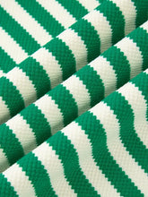 Green and white striped puff sleeve v neck blouse with ribbed textured knitted fabric and striped puff detail