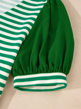 Striped puff sleeve v neck blouse in green and white with long sleeves and ribbed cuffs in soft fabric