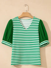 Green and white striped puff sleeve v neck blouse with short puffed sleeves made of lightweight fabric
