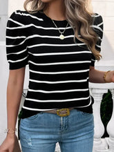 Striped Puff Sleeve Viscose Top for Women Black Woman T Shirts
