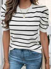 Striped Puff Sleeve Viscose Top for Women White