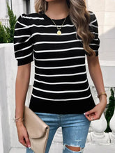 Striped Puff Sleeve Viscose Top for Women Woman T Shirts