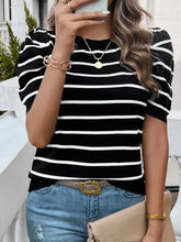 Striped Puff Sleeve Viscose Top for Women Woman T Shirts