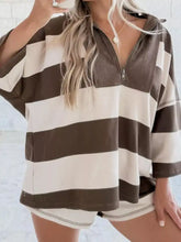 Brown and cream striped quarter zip long sleeve sweatshirt with corduroy collar and machine wash care instructions