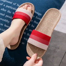 Striped red and white open toe flats slippers with woven jute soles