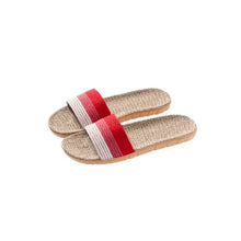 Striped red and white open toe flats slippers with woven jute soles