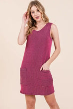 Magenta striped rib knit tank dress with pockets