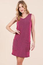 Magenta rib knit tank dress with stripes and pockets