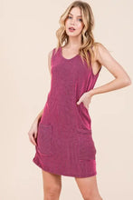 Magenta striped rib knit tank dress with pockets