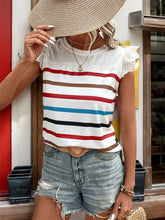 Striped Round Neck Cap Sleeve Top with Lace Trim for Women