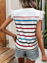 Striped Round Neck Cap Sleeve Top with Lace Trim for Women