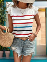 Striped Round Neck Cap Sleeve Top with Lace Trim for Women