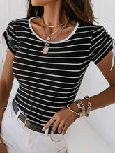 Striped round neck drawstring short sleeve top for women