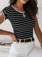 Striped round neck drawstring short sleeve women’s top